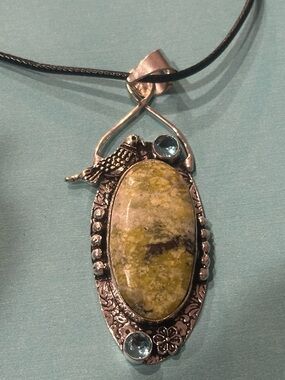 Handcrafted Green Jasper Oval Pendant Necklace with Blue Accents
